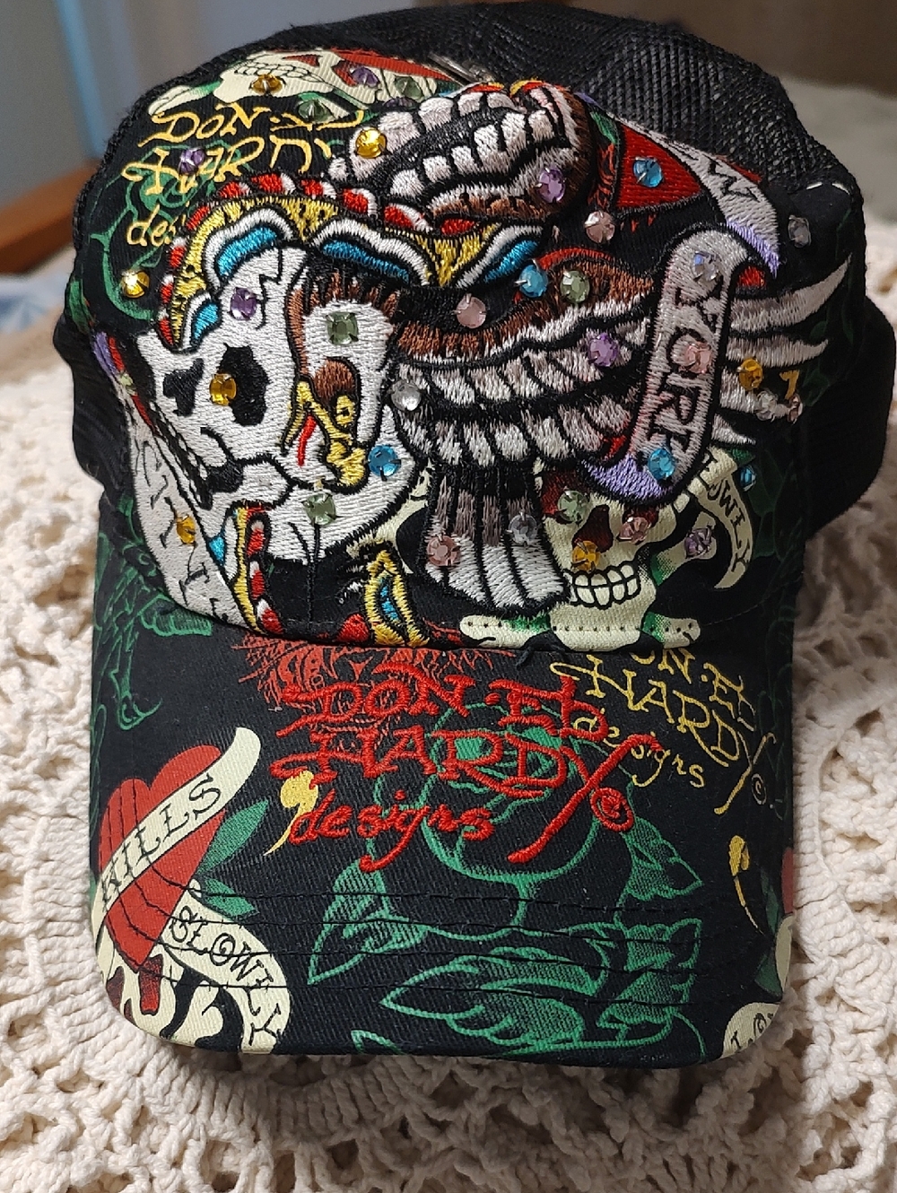 Vintage Ed Hardy Black Embroidered Skull Patchwork Cap